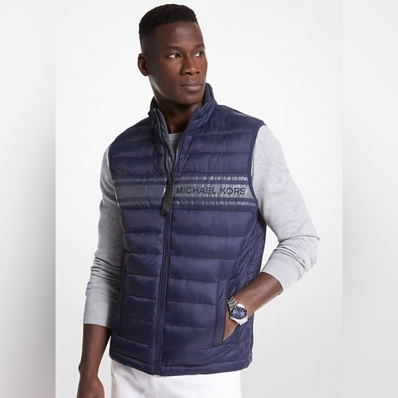 MICHAEL KORS 
Logo Tape Quilted Nylon Puffer Vest men’s size medium blue - Picture 1 of 8